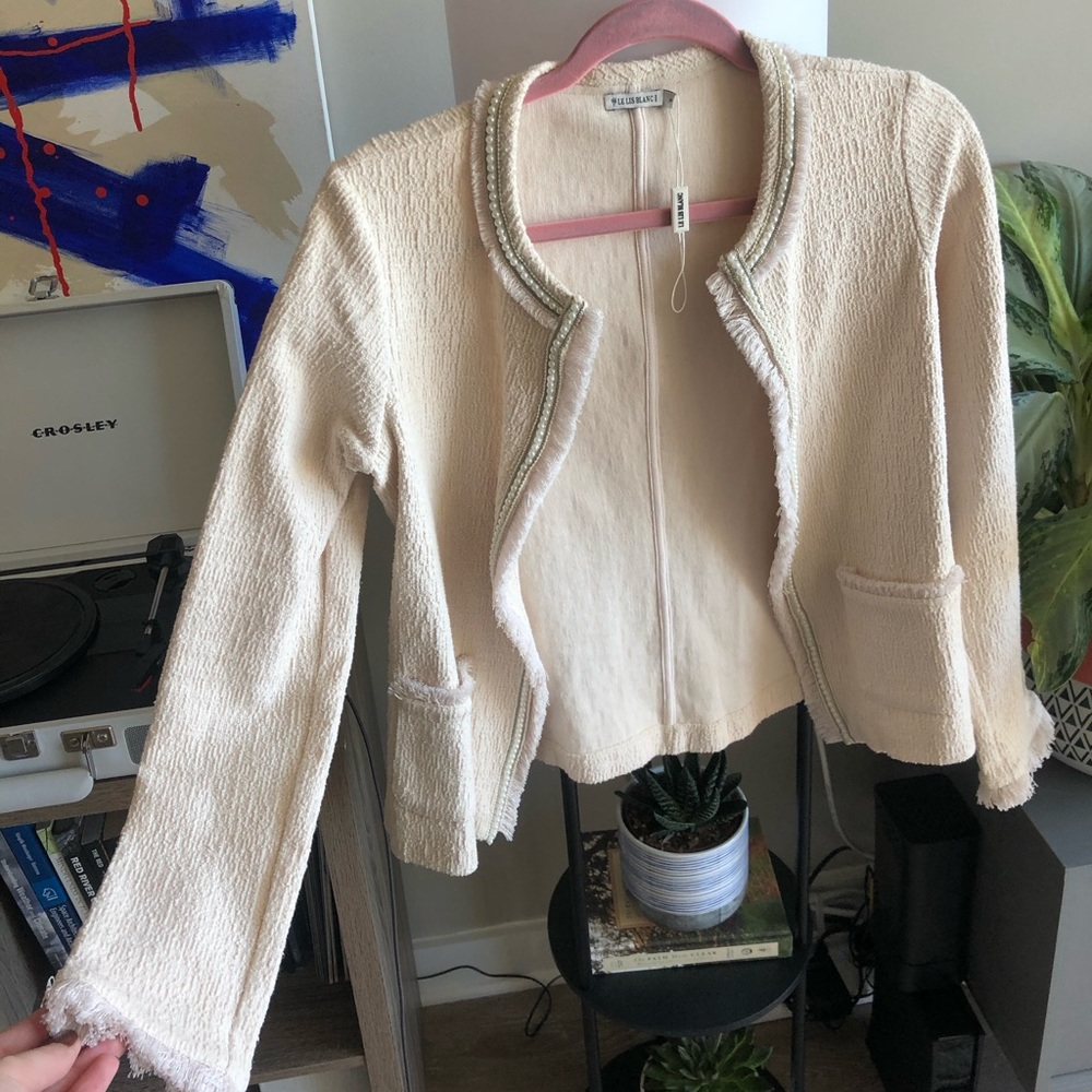 Cream Pink Tweed-Style Jacket with Pearl Trim